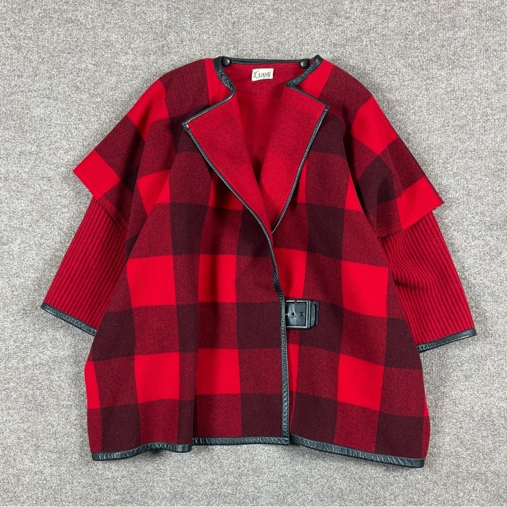 Vintage Red Plaid Cape Poncho Cozy Blanket Jacket Women’s One Size Leather Trim‎
